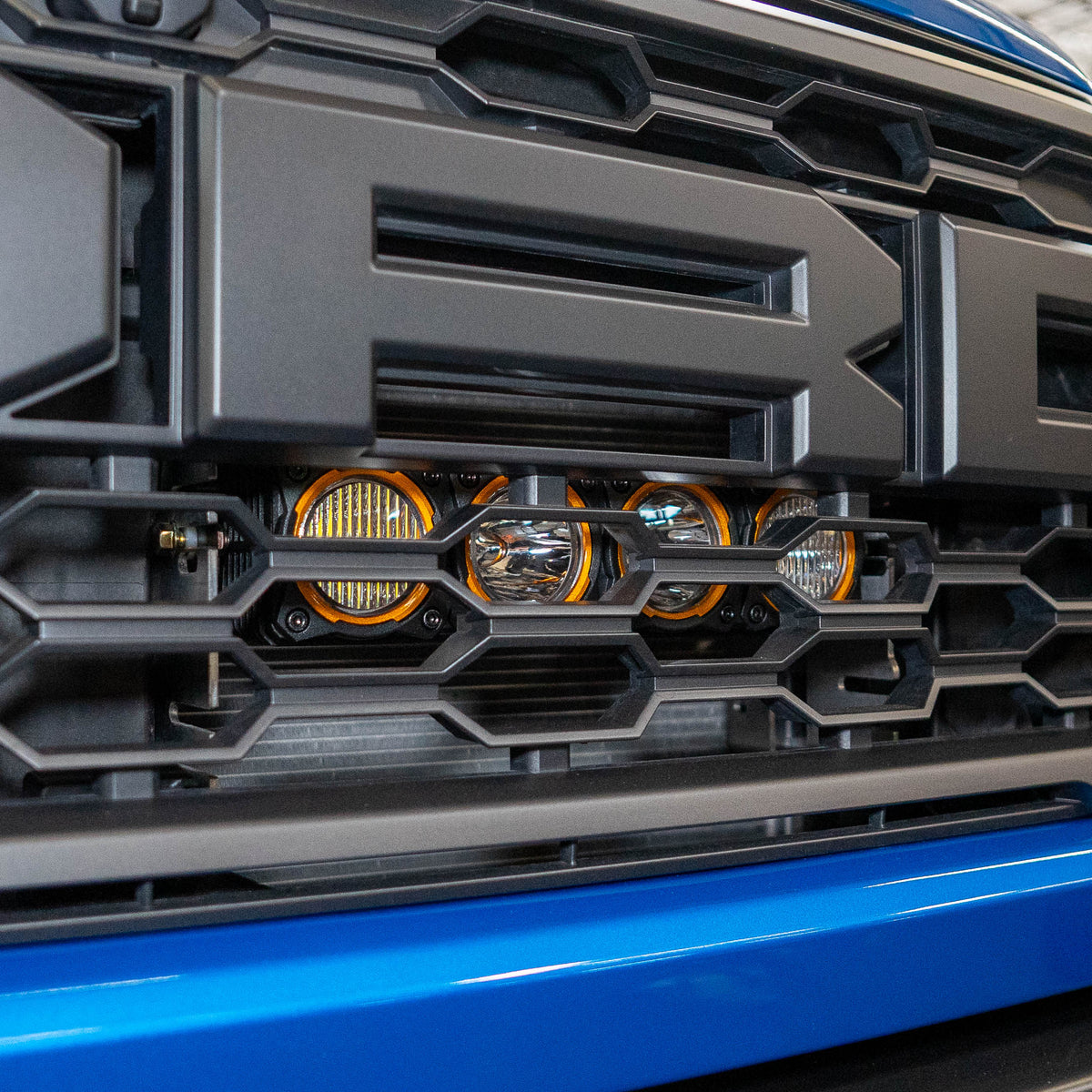 2024+ Ford Ranger/Ranger Raptor Dual 10" Behind The Grille Light Bar Mount installed - close-up