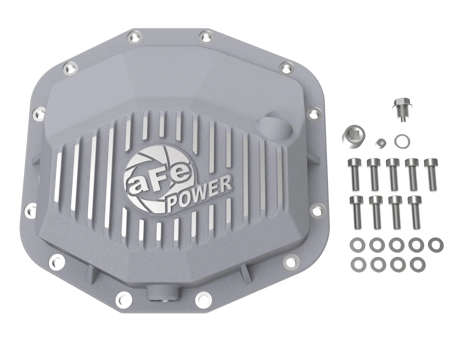 2025+ Ram RHO aFe POWER Street Series Rear Differential Cover Raw w/ Machined Fins Front View