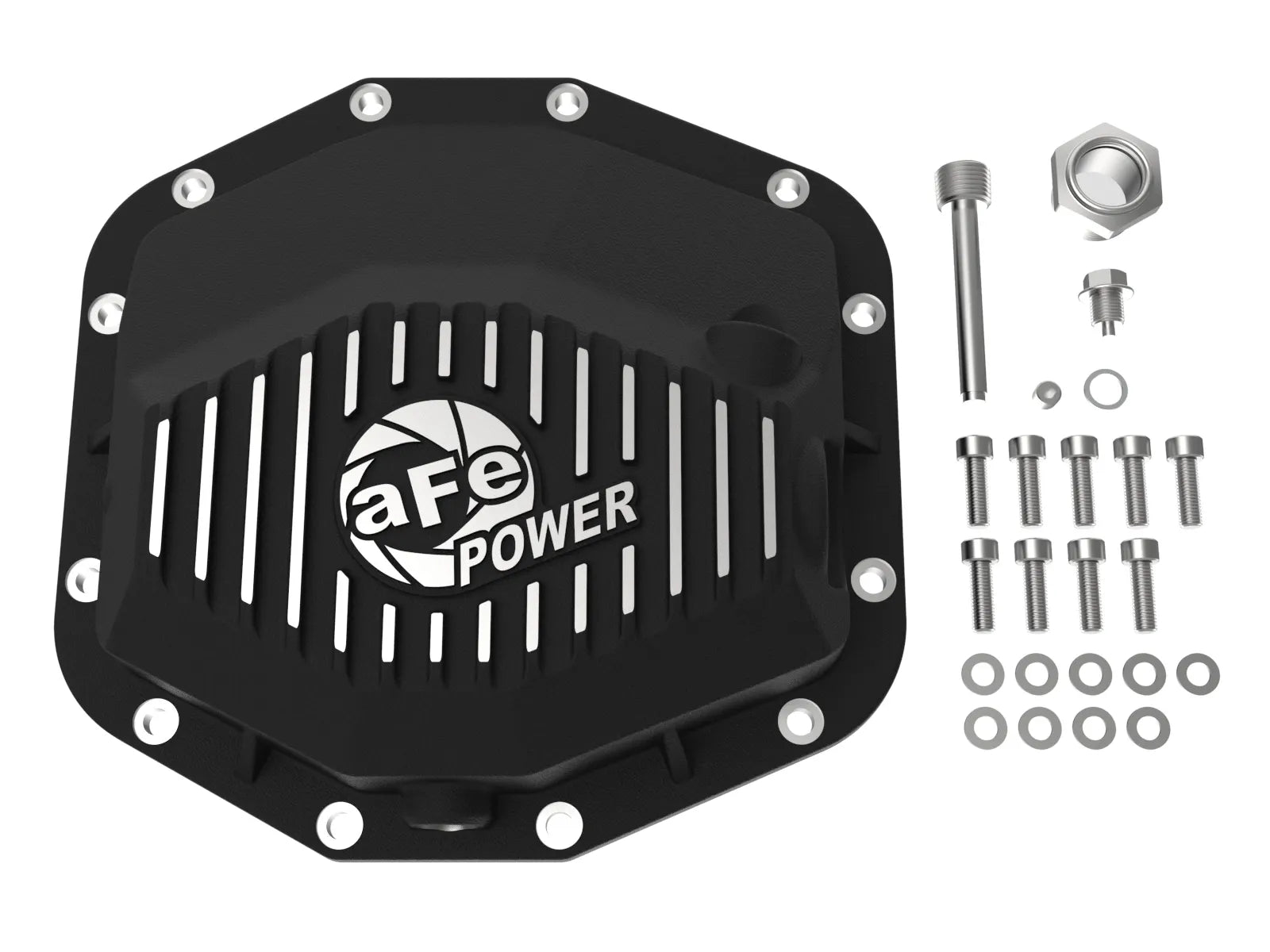 2025+ Ram RHO aFe POWER Pro Series Rear Differential Cover Black w/ Machined Fins Front View