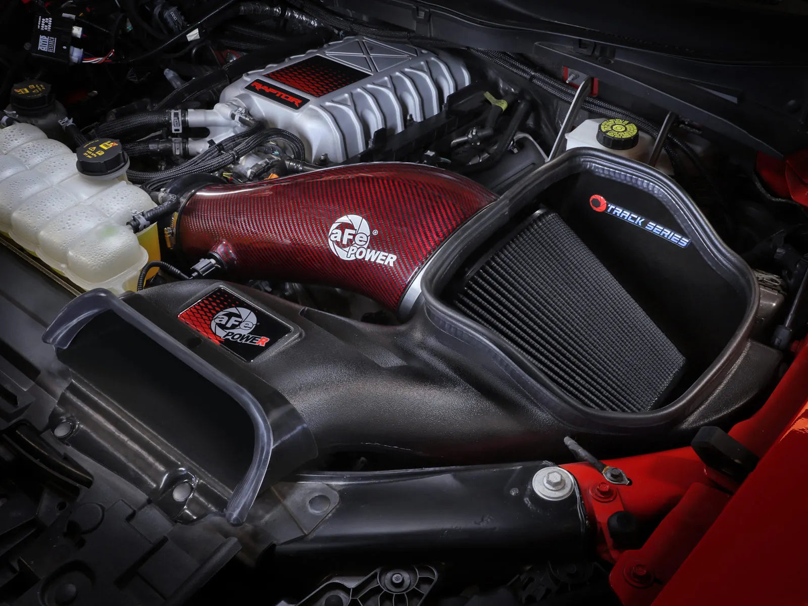 2023+ Raptor R Track Series Red Kevlar Carbon Fiber Cold Air Intake System w/ Black Pro 5R Filter Front View