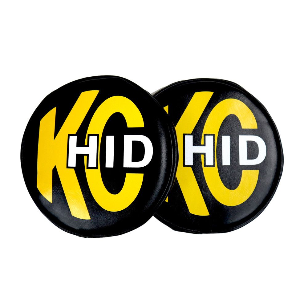 KC HiLites 8" Light Cover - Soft Vinyl - Pair - Black w/ Yellow KC HID Logo Front View