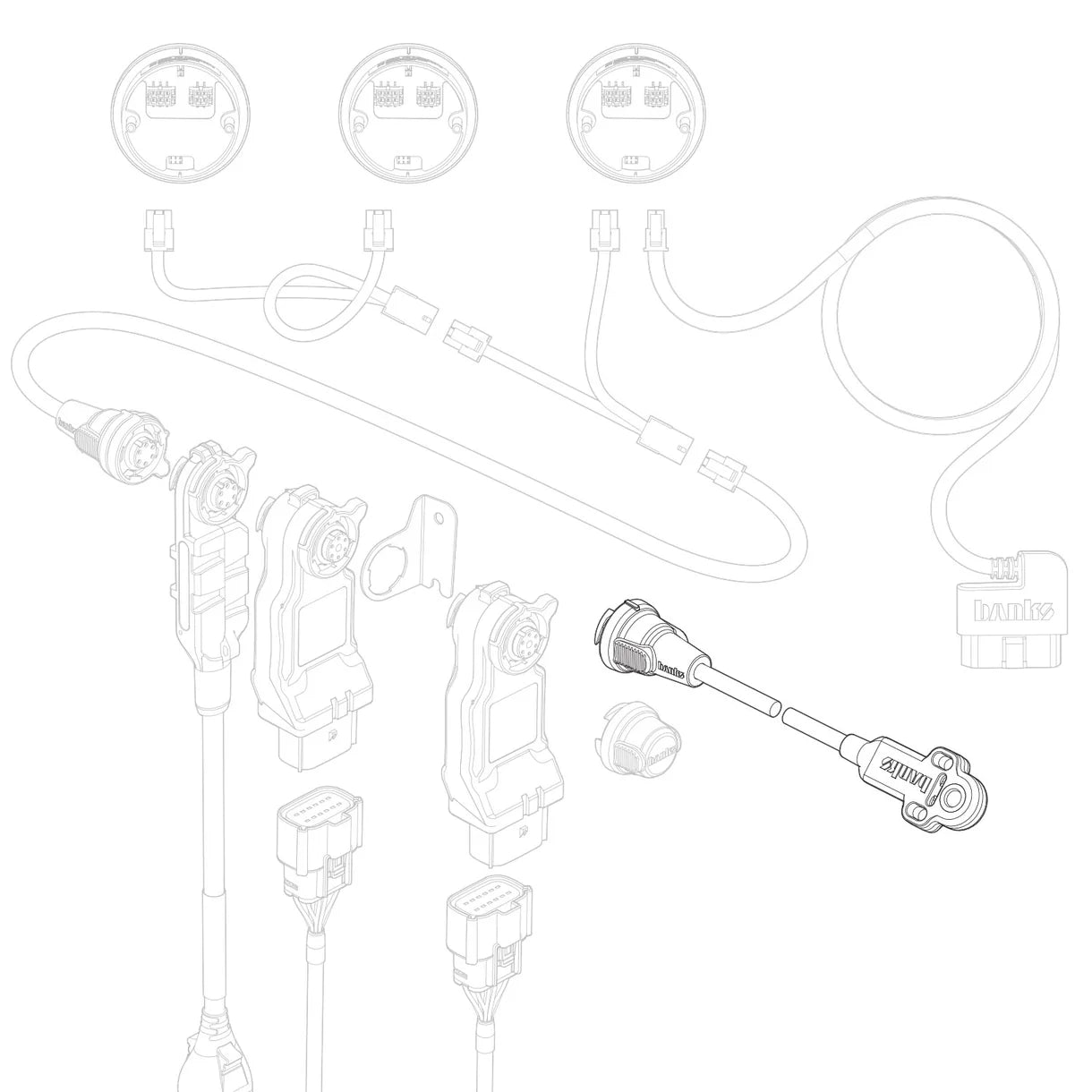 Technical diagram of mechanical components and wiring on a white background