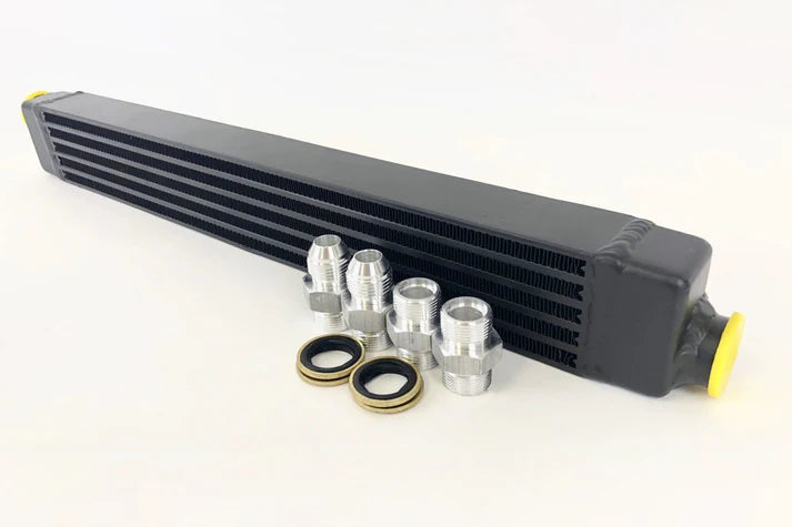 BMW E30 Oil Cooler w/ fittings for OEM style and AN-10 male connections Front View