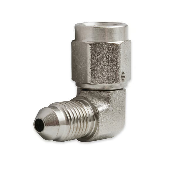 Earl's 90 Degree -3 AN Male to -3 AN Female Swivel Front View Silver