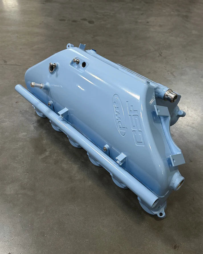 BMW S58 "Level-Up" Charge Air Cooler Manifold Front View Blue