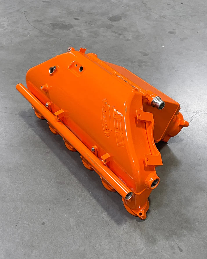 BMW S58 "Level-Up" Charge Air Cooler Manifold Front View Orange