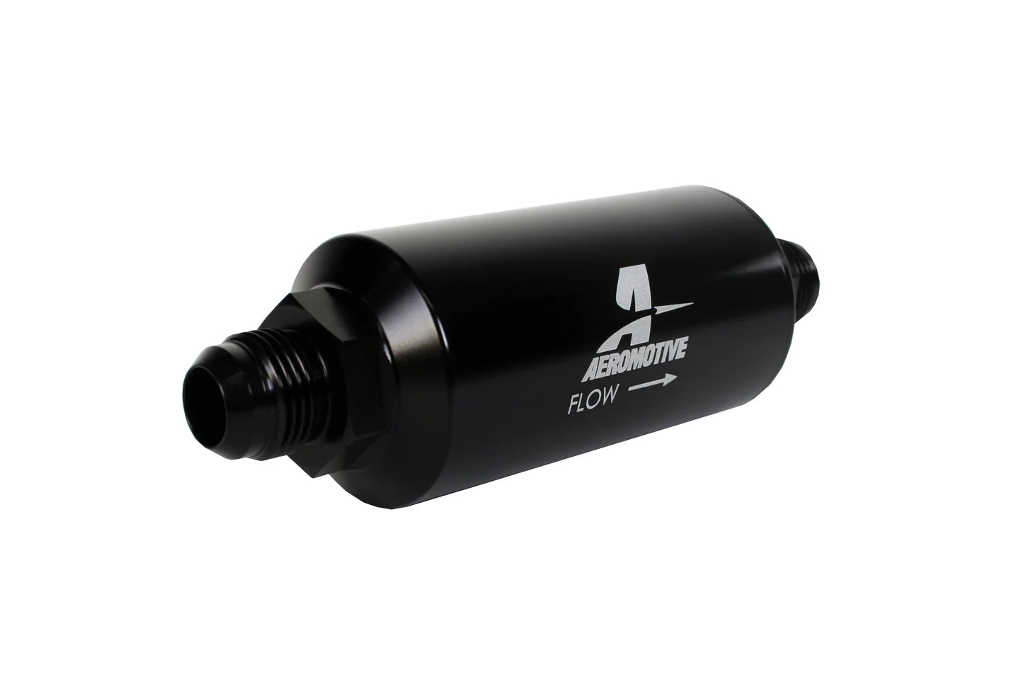 100 Micron Black Fuel Filter with Male AN-10 Ports & Stainless Mesh Element Front View