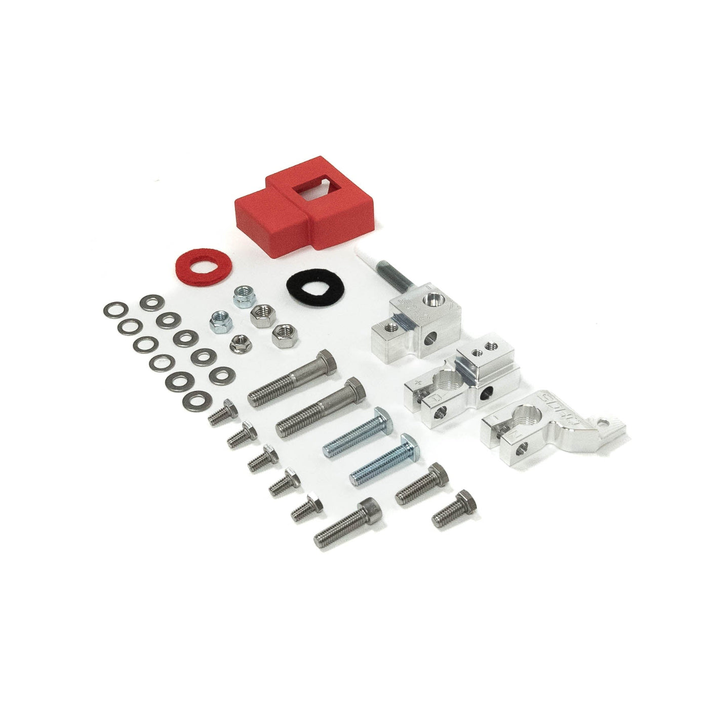 '21-25 Ford Bronco/Bronco Raptor SDHQ Built Billet Battery Terminal Kit display of included parts and hardware