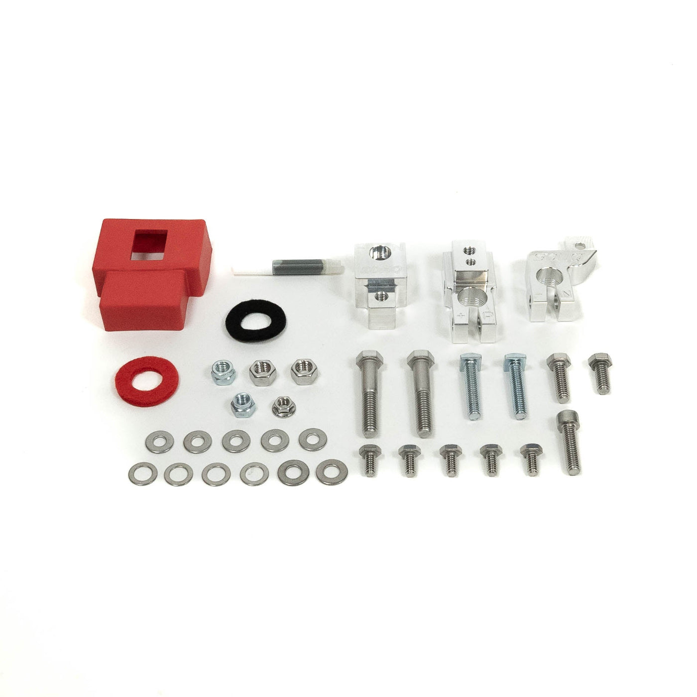 '21-25 Ford Bronco/Bronco Raptor SDHQ Built Billet Battery Terminal Kit display of included parts and hardware