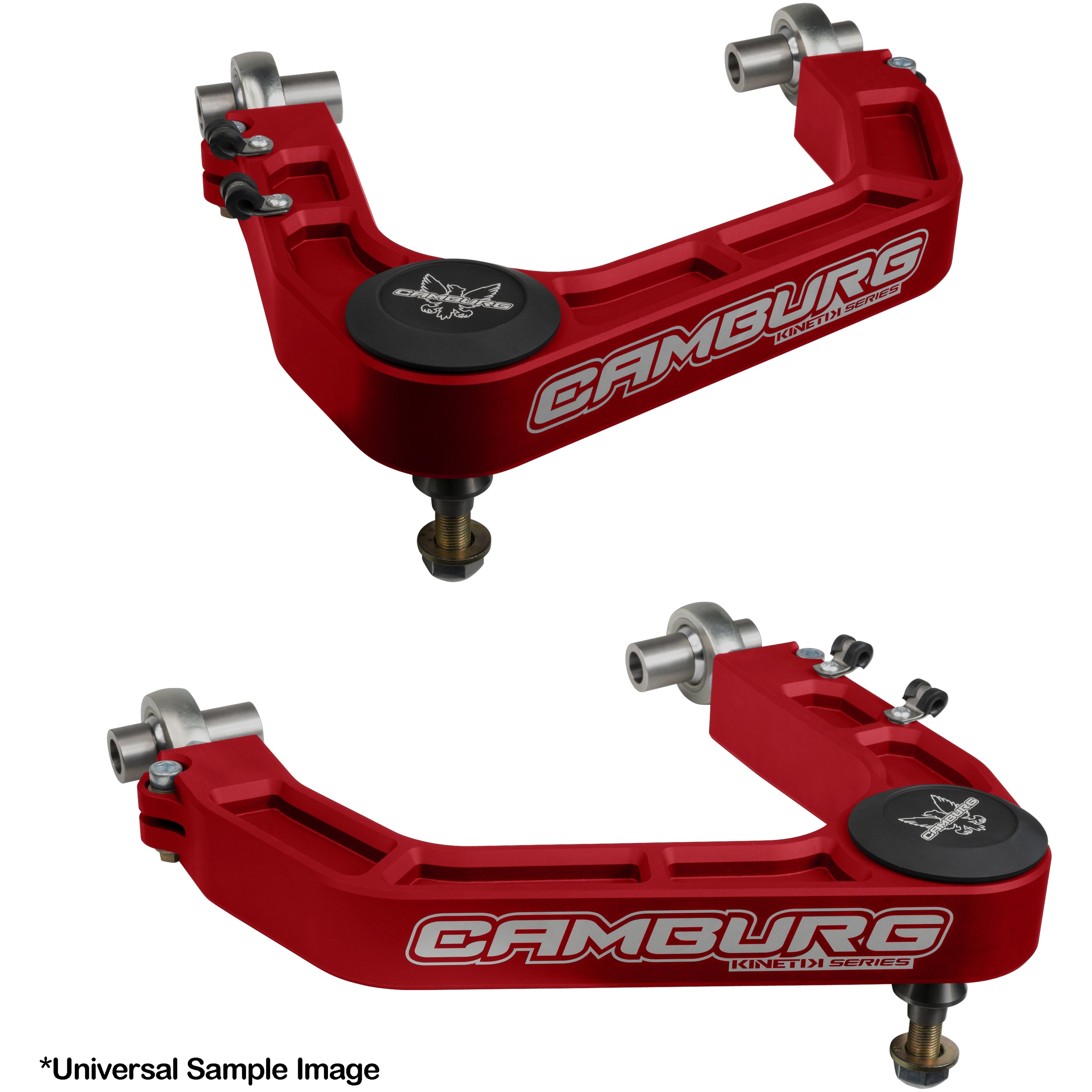'17-24 Ford Raptor Camburg Kinetik Billet Upper Control Arms Red Display of Included Parts
