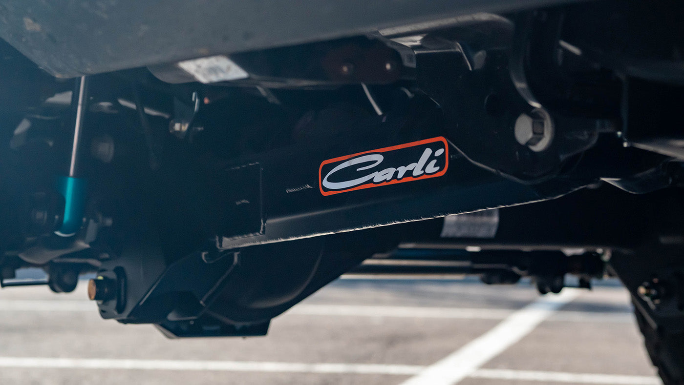 2023-2024 Ford F250/350 Carli Suspension Fabricated Radius Arms for 3.5" Lift Close-up Display on vehicle
