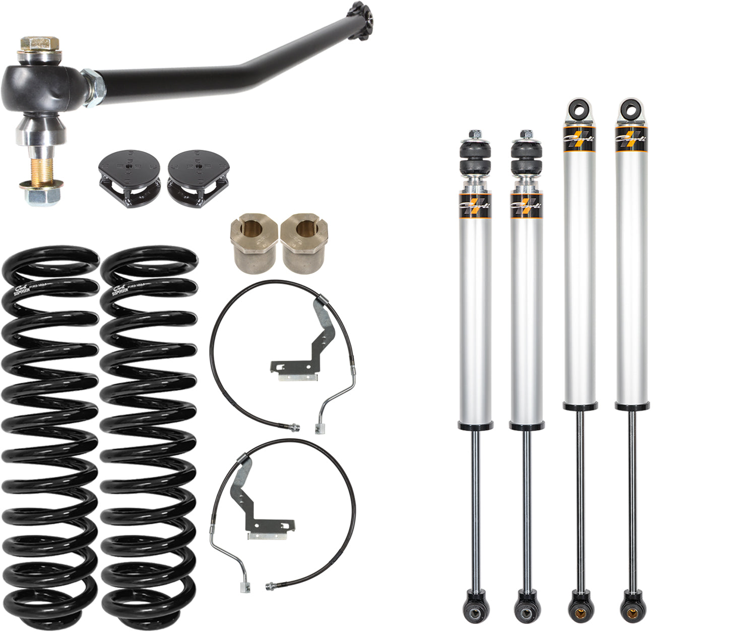 '17-24 Ford F250/350 6.2/7.3L Gas Carli 2.0 Commuter Leveling Kit Display of Included Parts