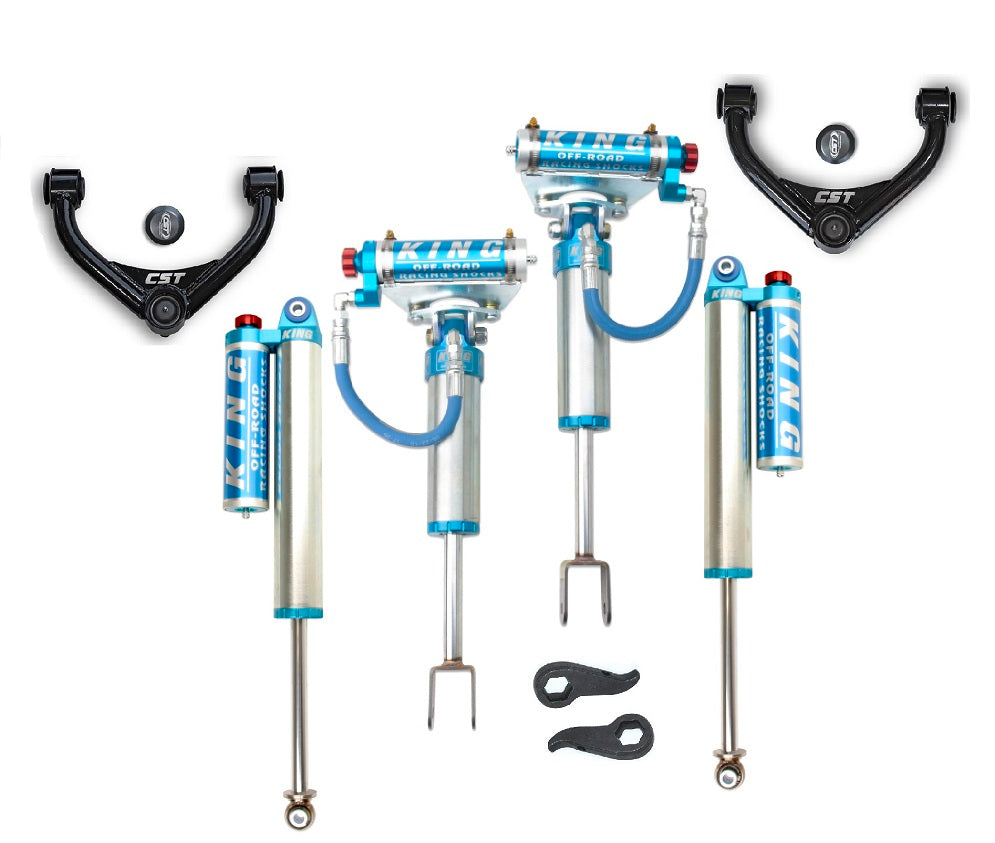 2011+ GM 2500/3500HD King-Series Leveling Kits | Stage 3 Suspension System w/ King 2.5 Remote Res. Shocks Front View