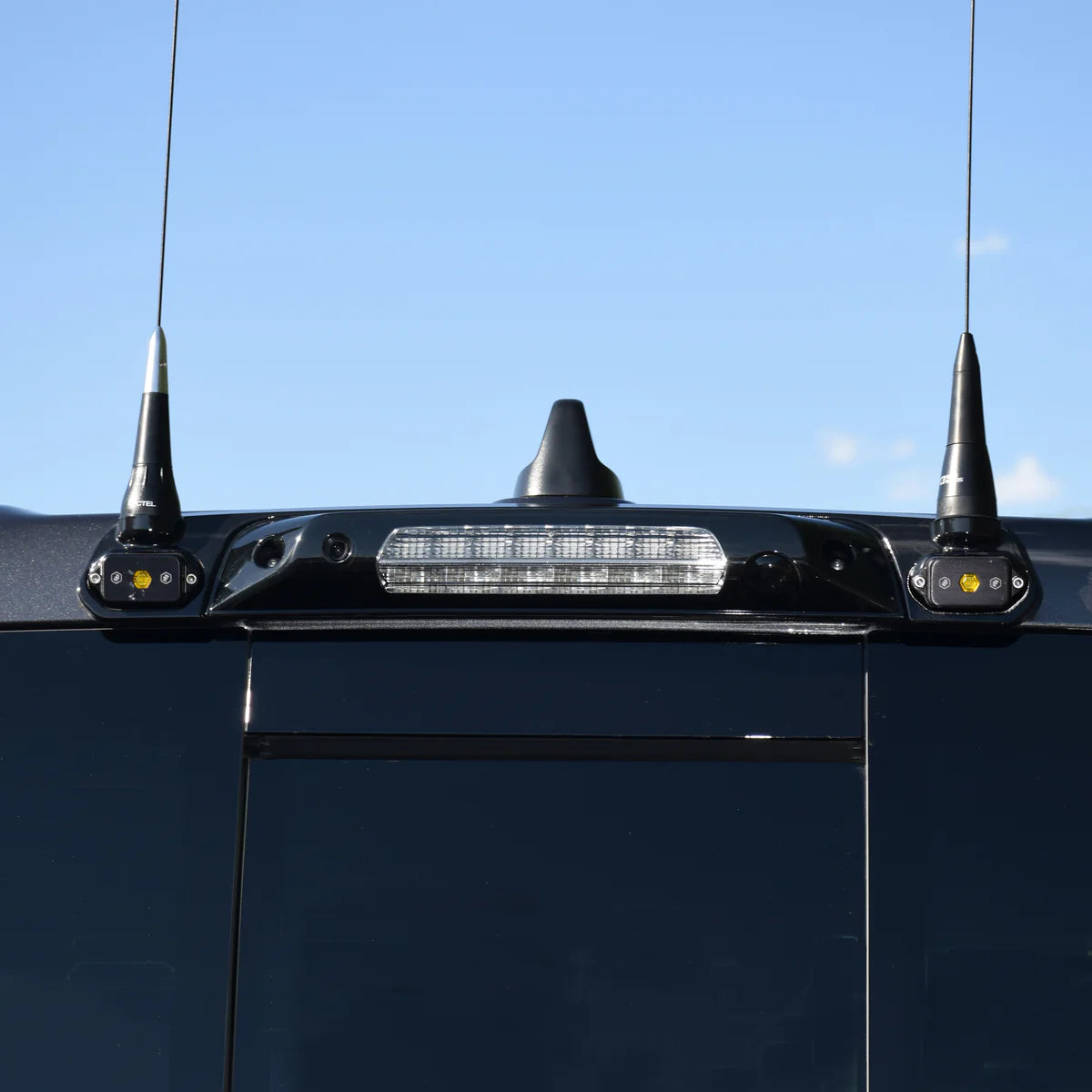2019-2023 RAM 1500 and TRX 3rd Brake Light DUAL Antenna Mount with Amber Baja Designs Lights Display on Vehicle