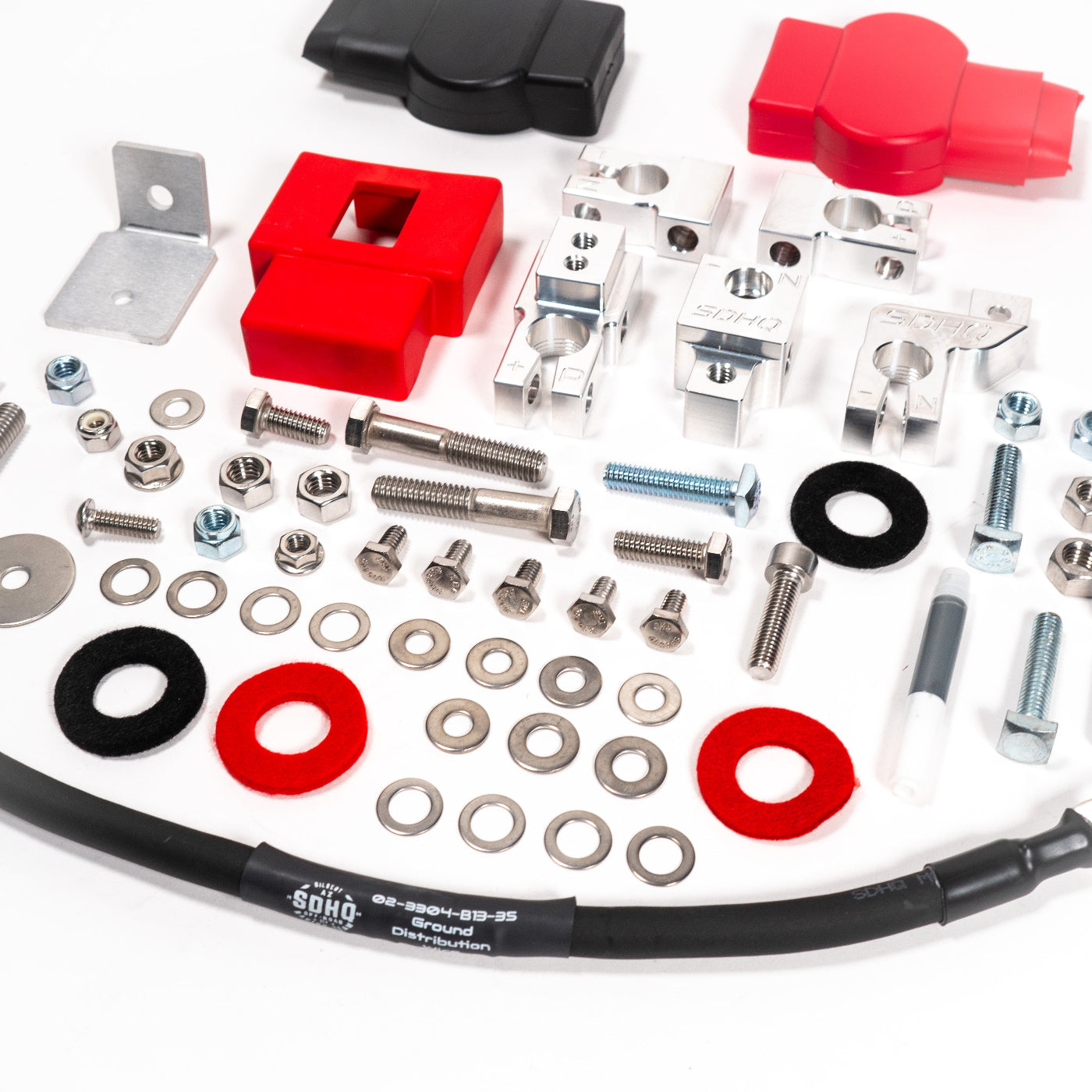 2023-2025 Ford F250/F350 Billet Dual Battery Terminal Upgrade Kit display of included parts and hardware