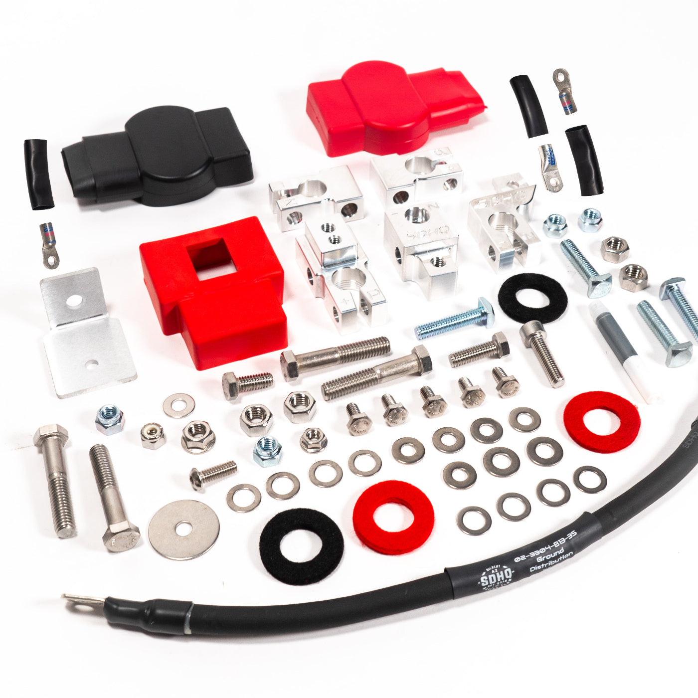 2023-2025 Ford F250/F350 Billet Dual Battery Terminal Upgrade Kit display of included parts and hardware