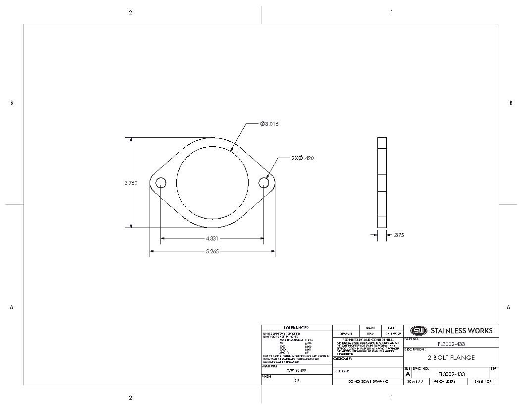 2 Bolt Exhaust Flange 3" Inch with 4 inch apart bolt Holes Front View
