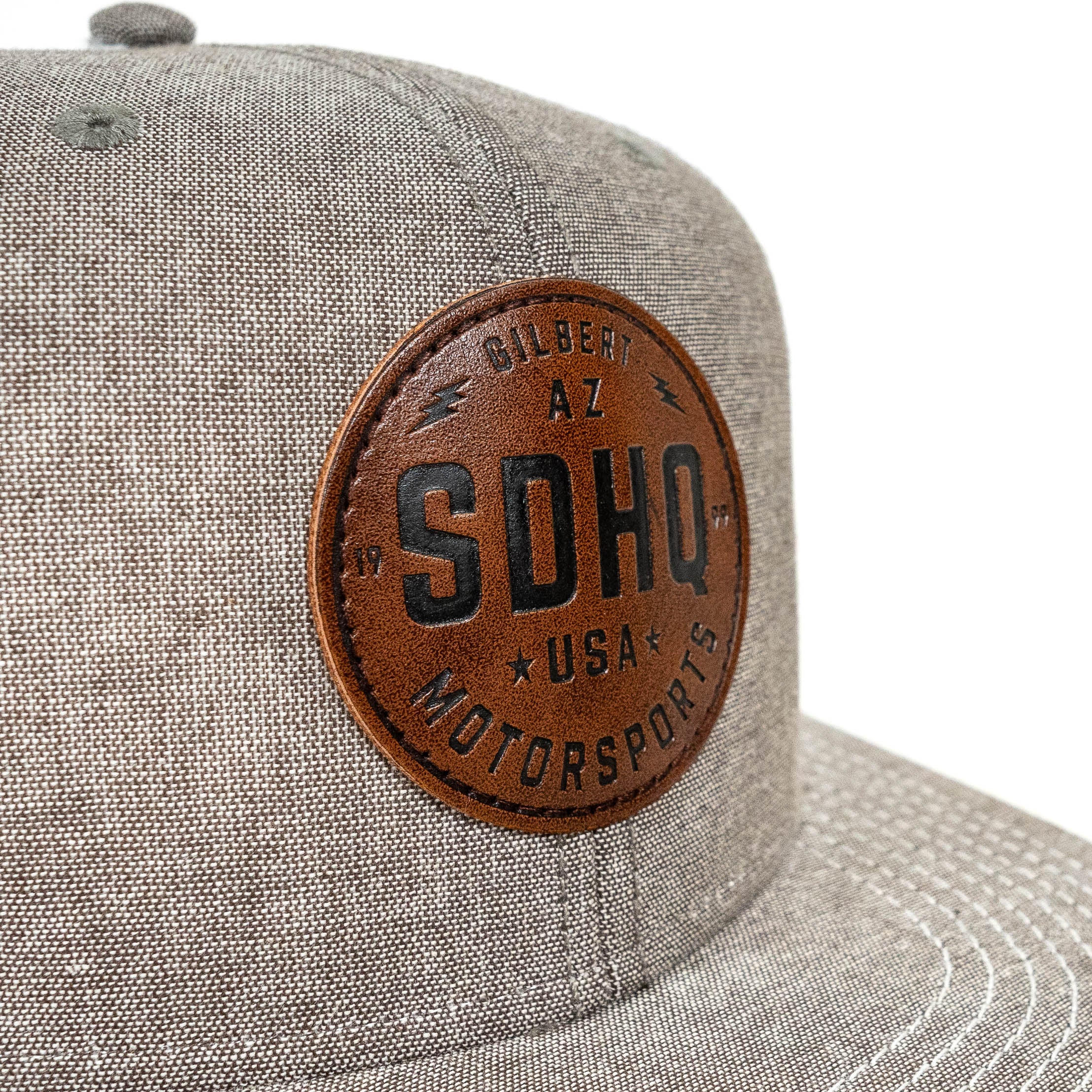 SDHQ Motorsports Chambray Gray Leather Patch Snapback Hat