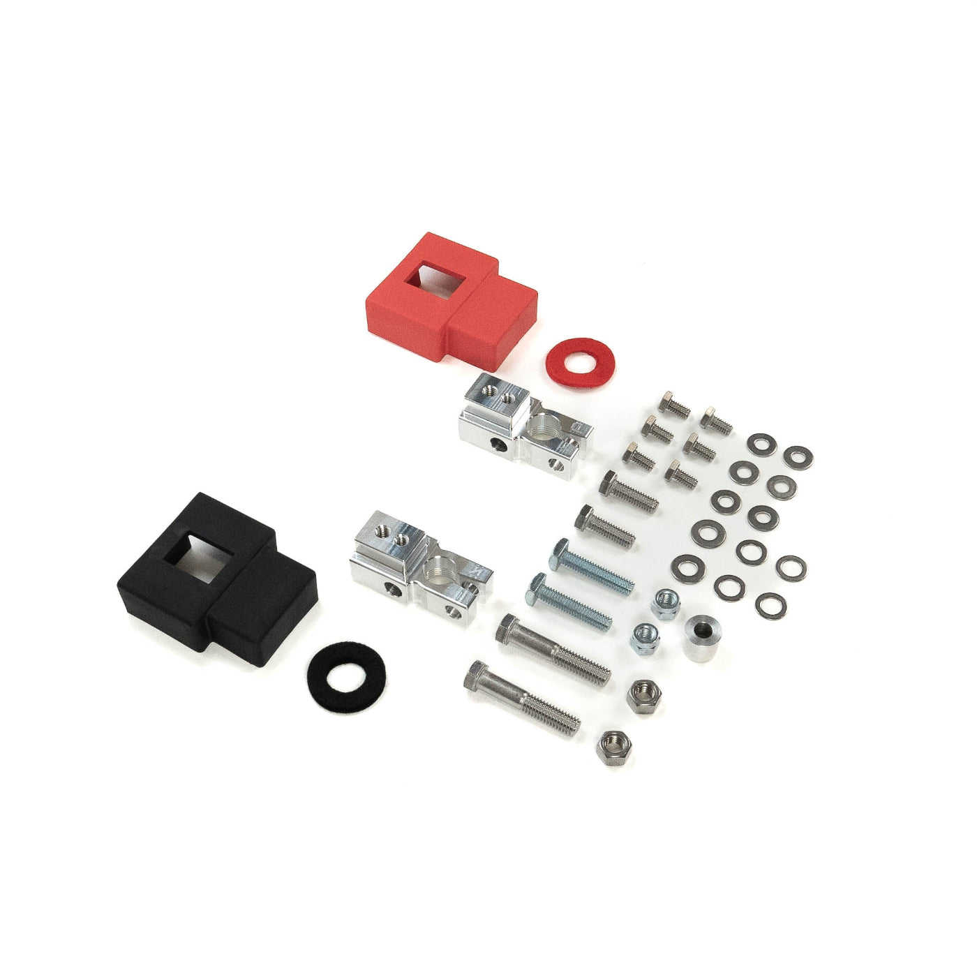 SDHQ Built 2024+ Lexus GX550 Complete Billet Battery Terminal Kit display of included parts and hardware
