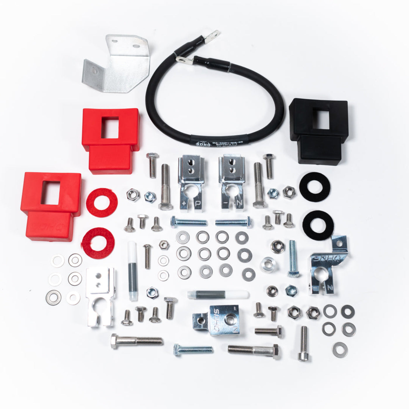 '19-24 RAM 2500/3500 Complete Billet Battery Terminal and Distribution Kit display of included parts and hardware