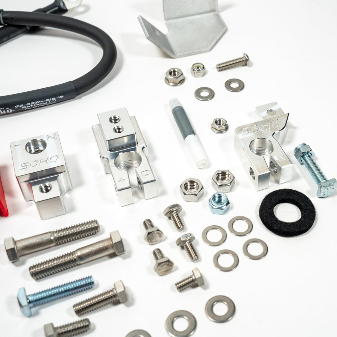 2019-2024 RAM 2500/3500 Complete Billet Single Battery Terminal and Distribution Kit display of included parts and hardware