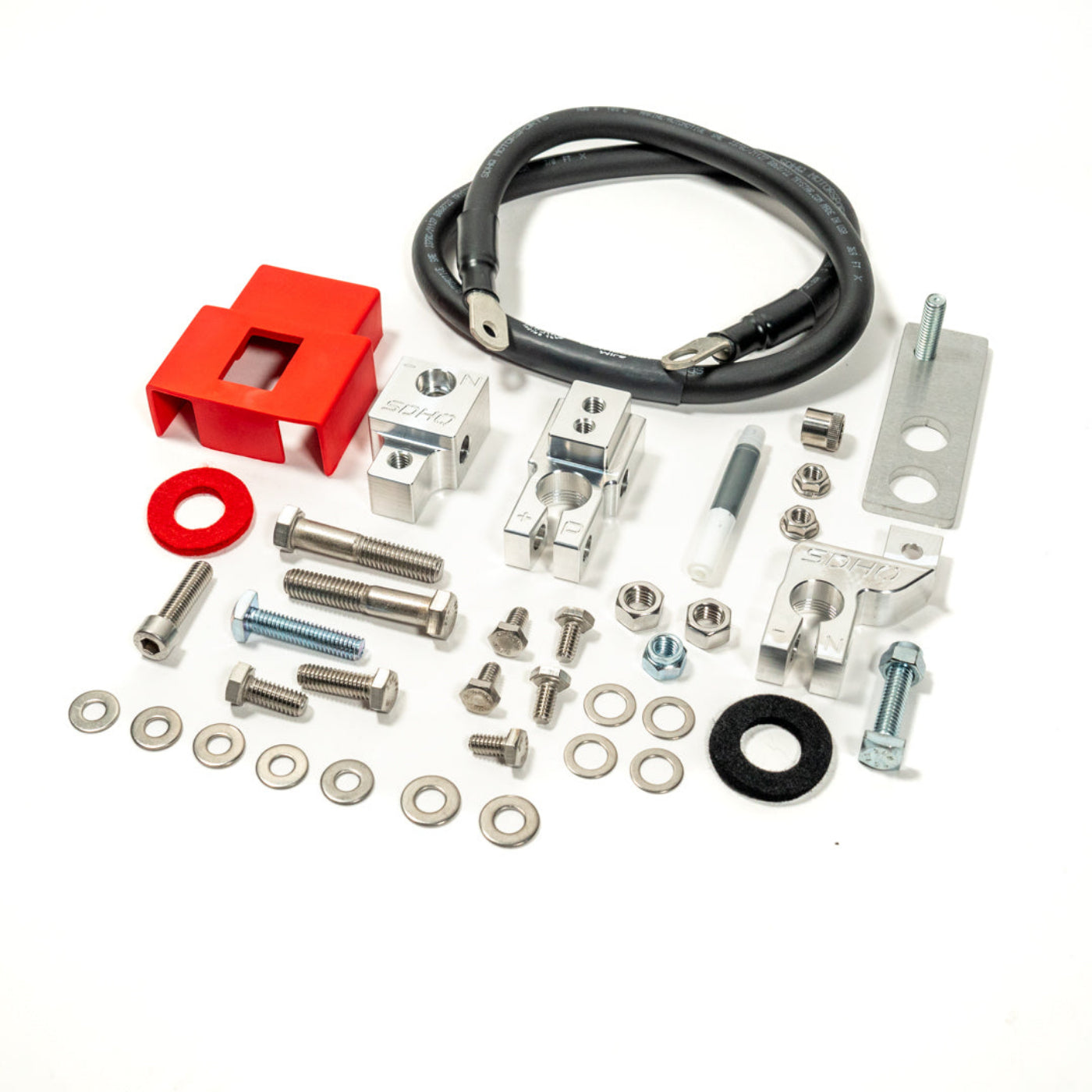 '19-25 Ram 1500 SDHQ Built Billet Battery Terminal Kit display of included parts and hardware