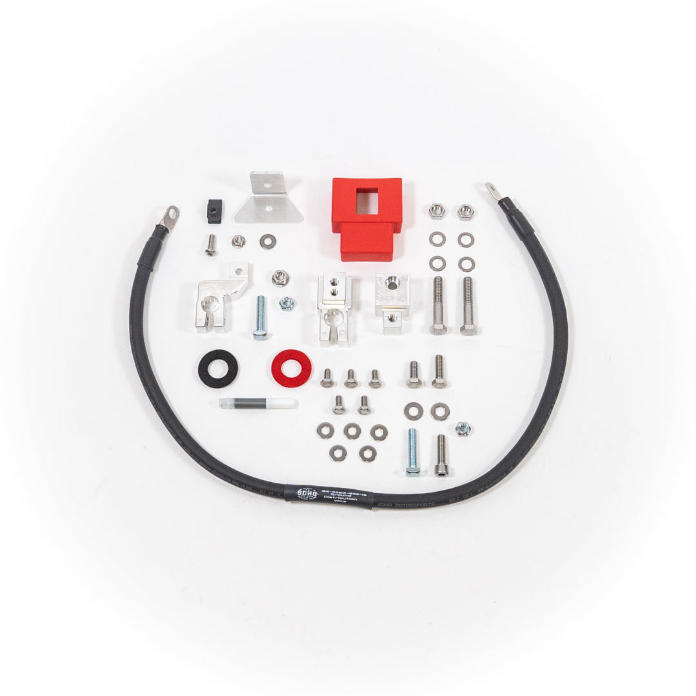 '24 Ford Ranger/Ranger Raptor Billet Battery Terminal Upgrade Kit display of included parts and hardware