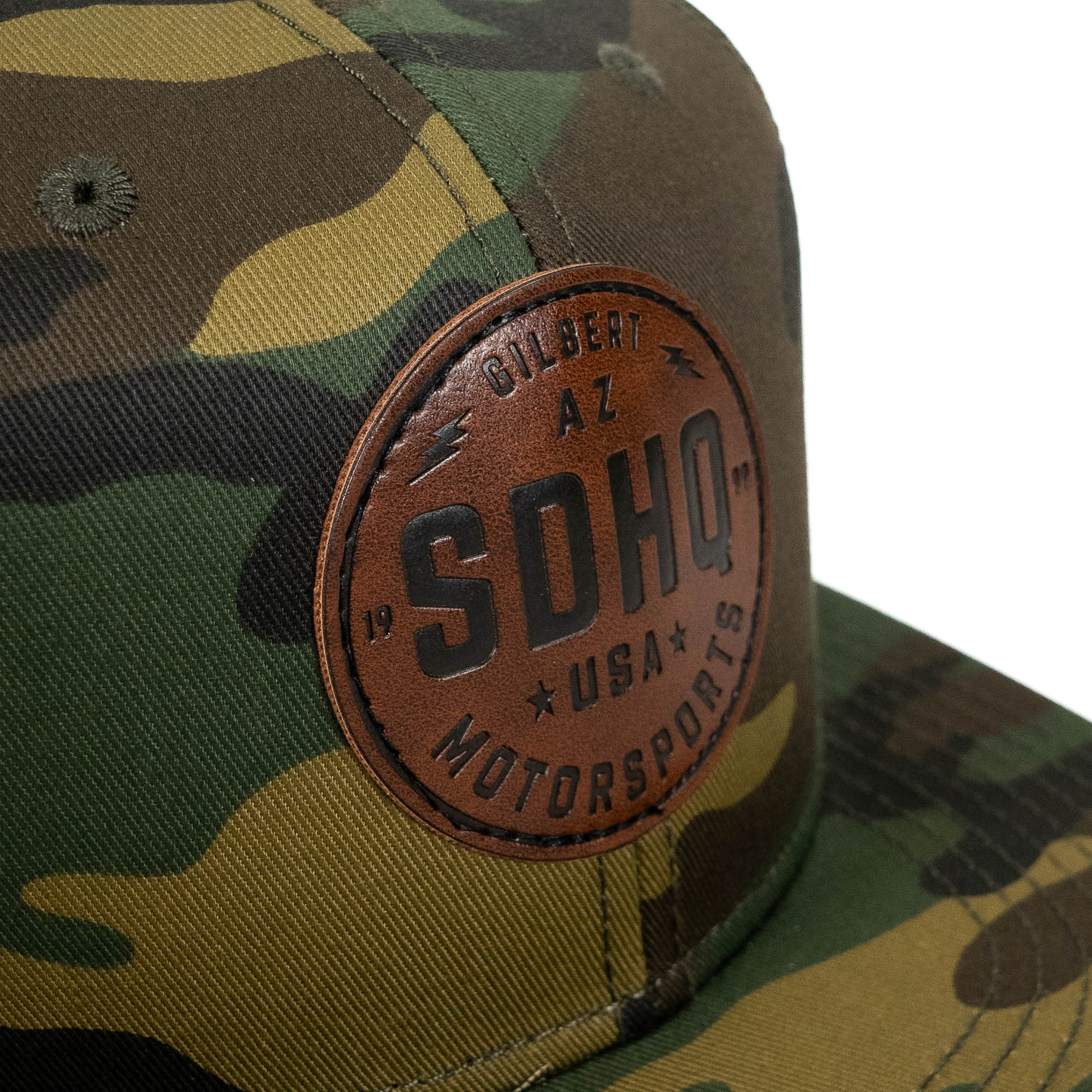 SDHQ Motorsports Camo Leather Patch Snapback Hat