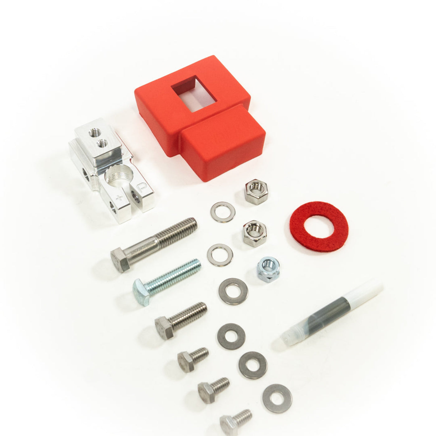SDHQ Built Single Positive Billet Battery Terminal Kit display of included parts and hardware