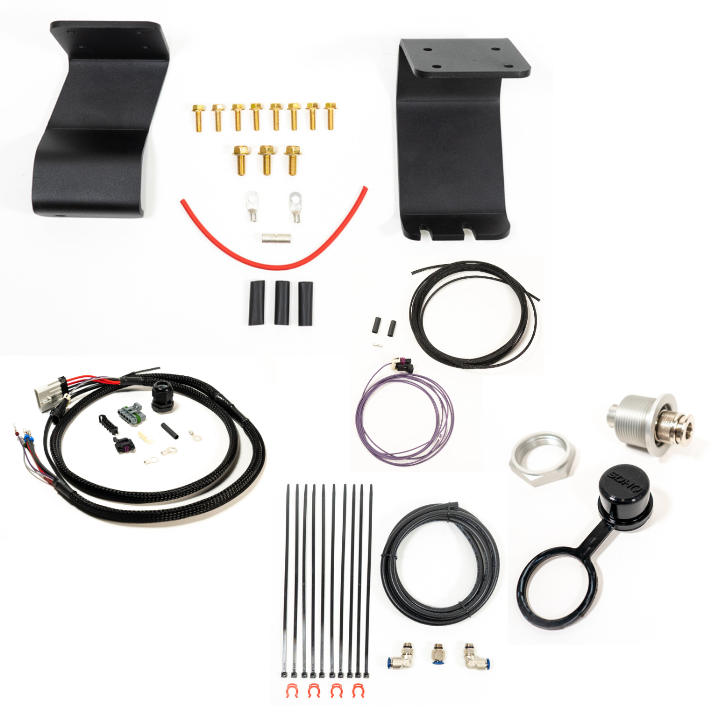 SDHQ Built '22-25 Tundra ARB Twin Compressor Mounting Kit display of included parts and hardware