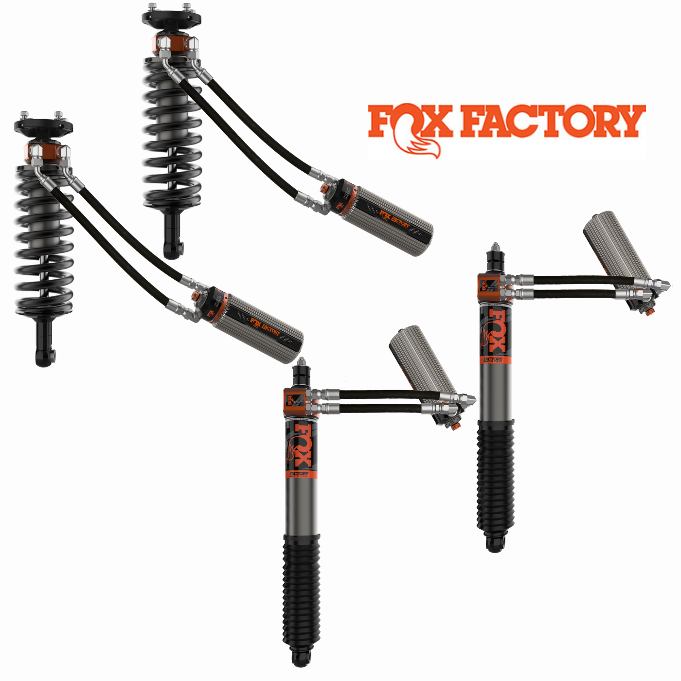 '22-24 Toyota Tundra FOX 3.0 FACTORY RACE RR Coilovers & Rear Shocks (0-1" Lift) w/ Upper Arms & Trailing Arm Combo Kit Display of Included parts
