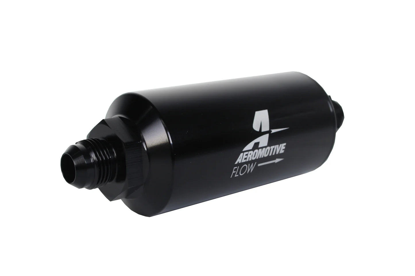100 Micron Black Fuel Filter with Male AN-08 Ports & Stainless Mesh Element Front View