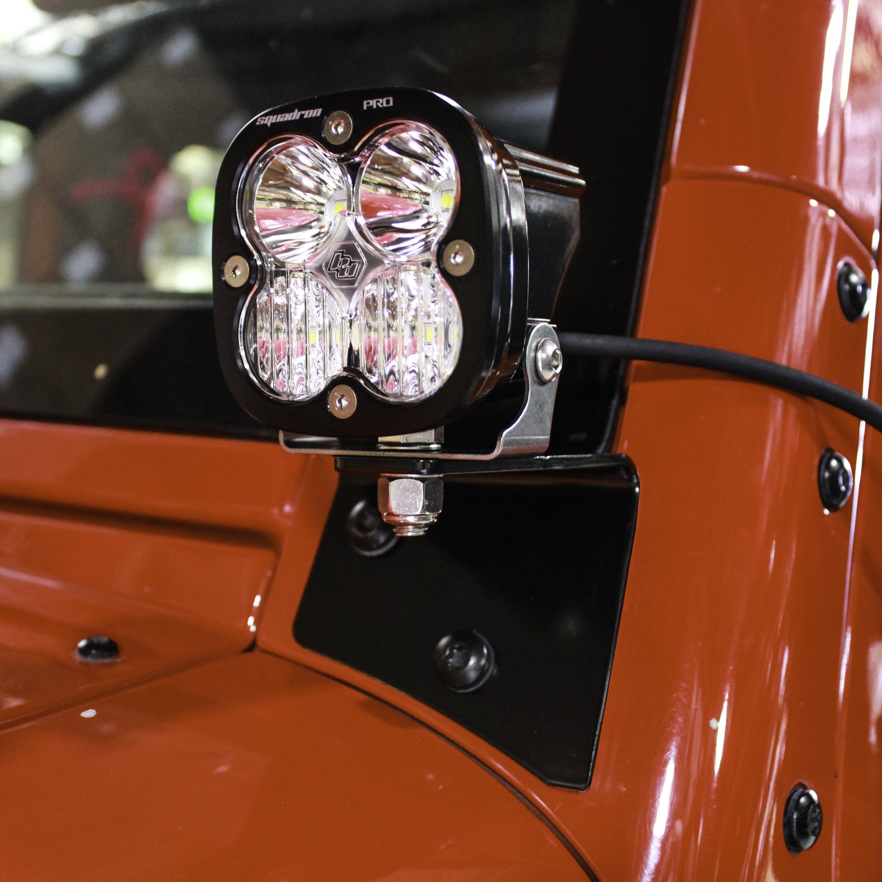 '07-17 Jeep JK A-Pillar Mount Kit Lighting Baja Designs close-up Display on Vehicle