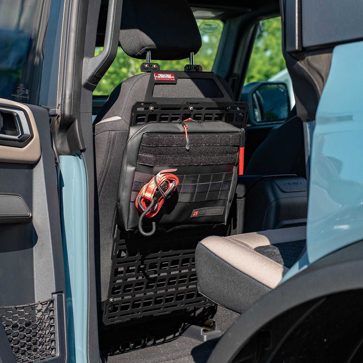 '21-24 Ford Bronco Builtright Industries Seat Back Tech Plate Molle Panel Kit Display in Vehicle