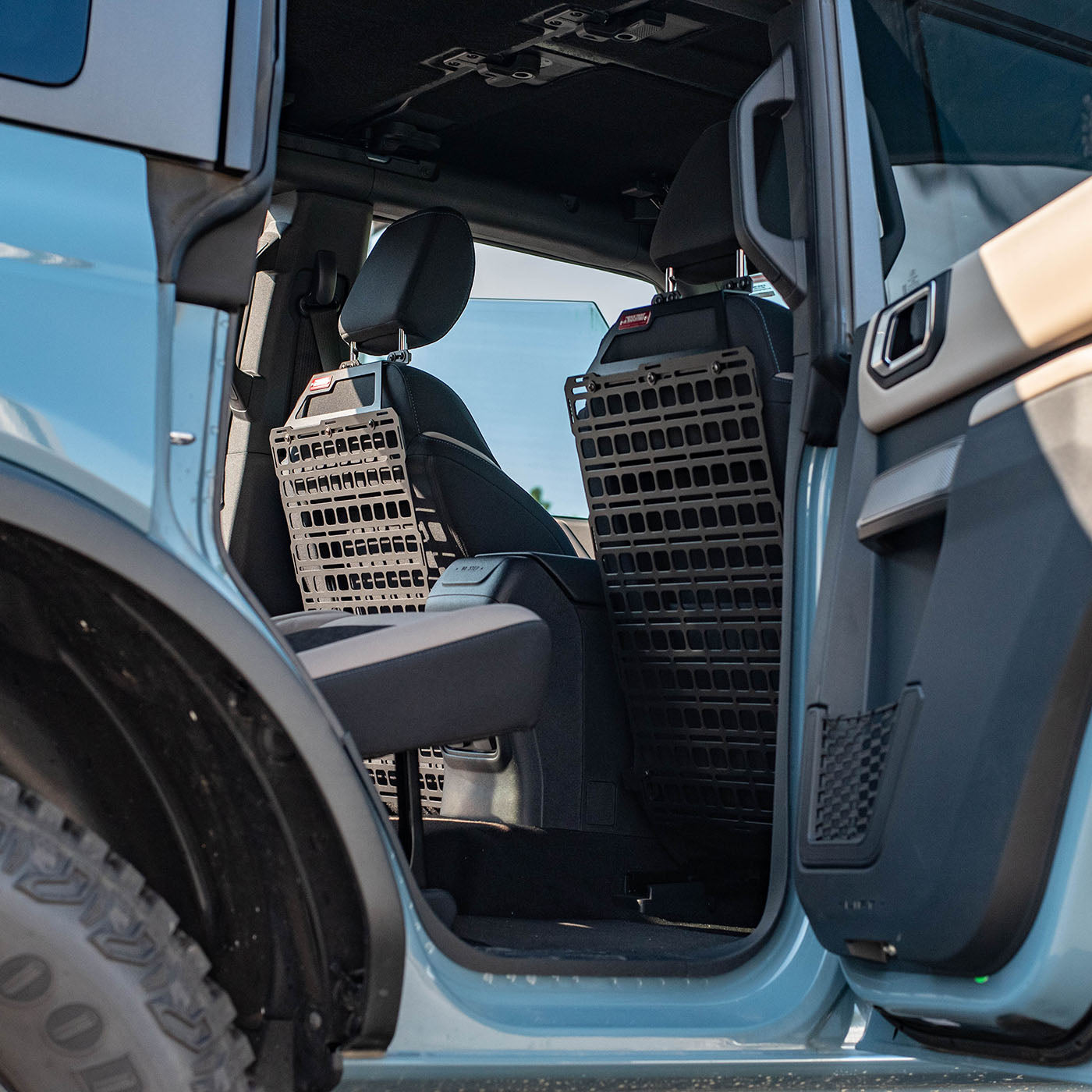 '21-24 Ford Bronco Builtright Industries Seat Back Tech Plate Molle Panel Kit Display in Vehicle