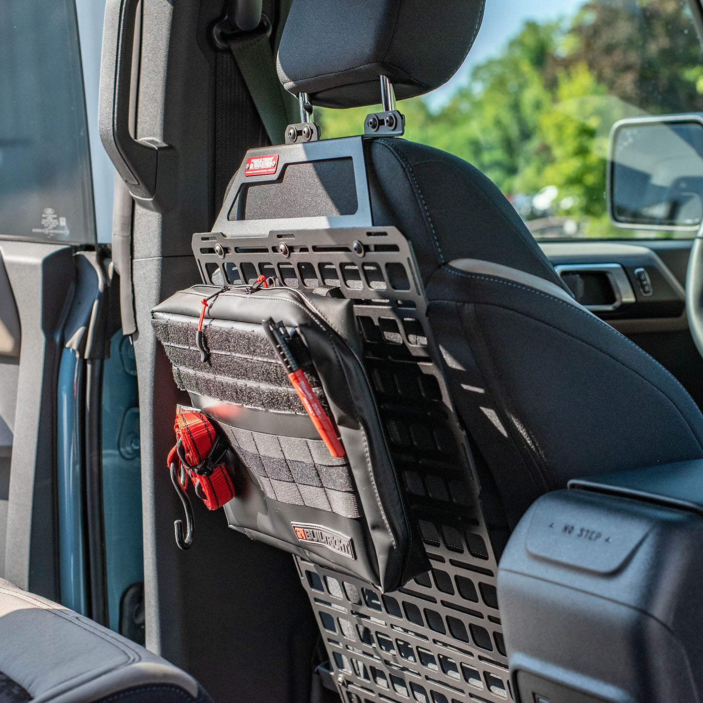 '21-24 Ford Bronco Builtright Industries Seat Back Tech Plate Molle Panel Kit Close-up Display in Vehicle