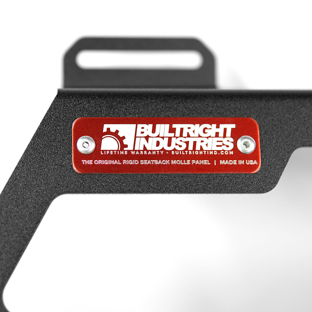 '21-24 Ford Bronco Builtright Industries Seat Back Tech Plate Molle Panel Kit Close-up Display of Logo