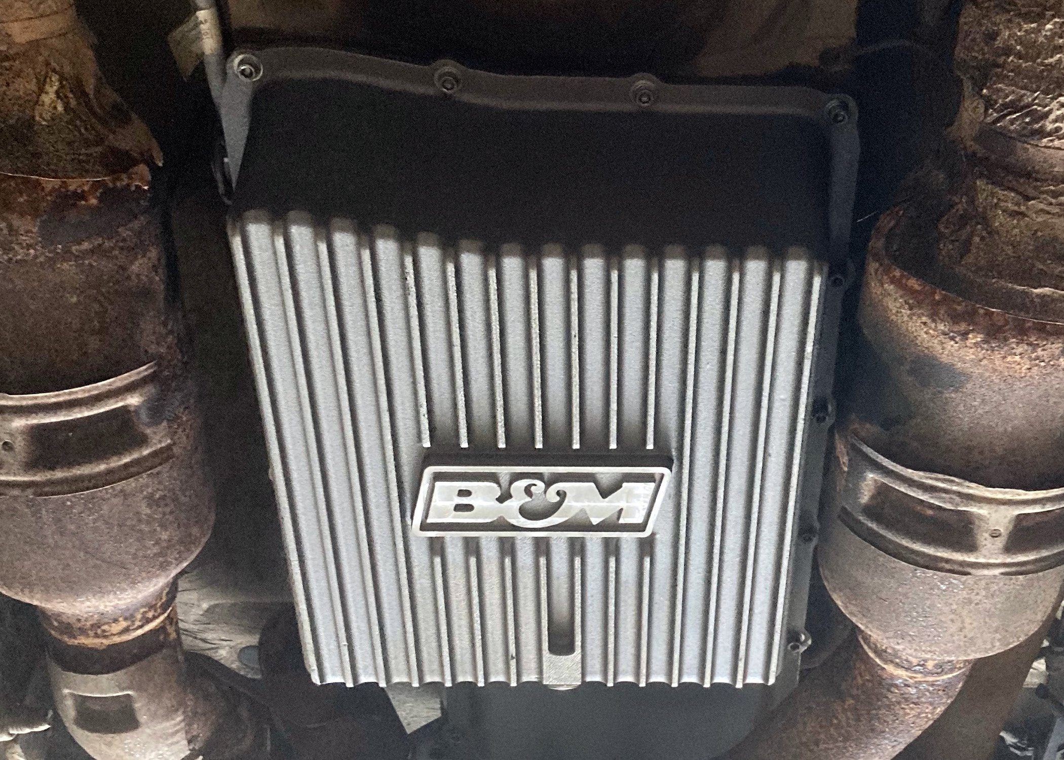 '11-21 Ford F250/F350 B&M HI-TEK Deep Transmission Pan Natural Drivetrain B&M display on Vehicle