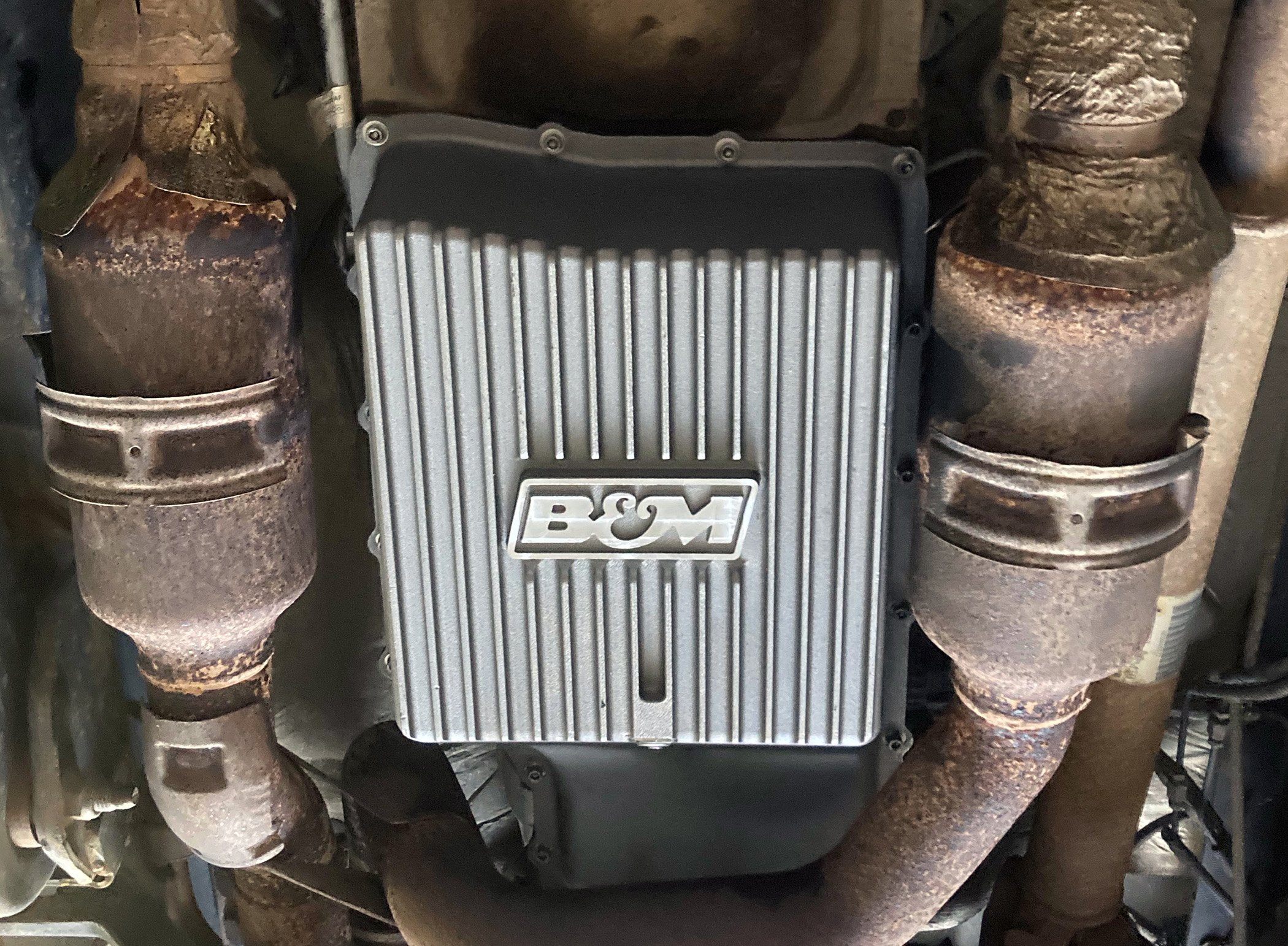 '11-21 Ford F250/F350 B&M HI-TEK Deep Transmission Pan Natural Drivetrain B&M display on Vehicle