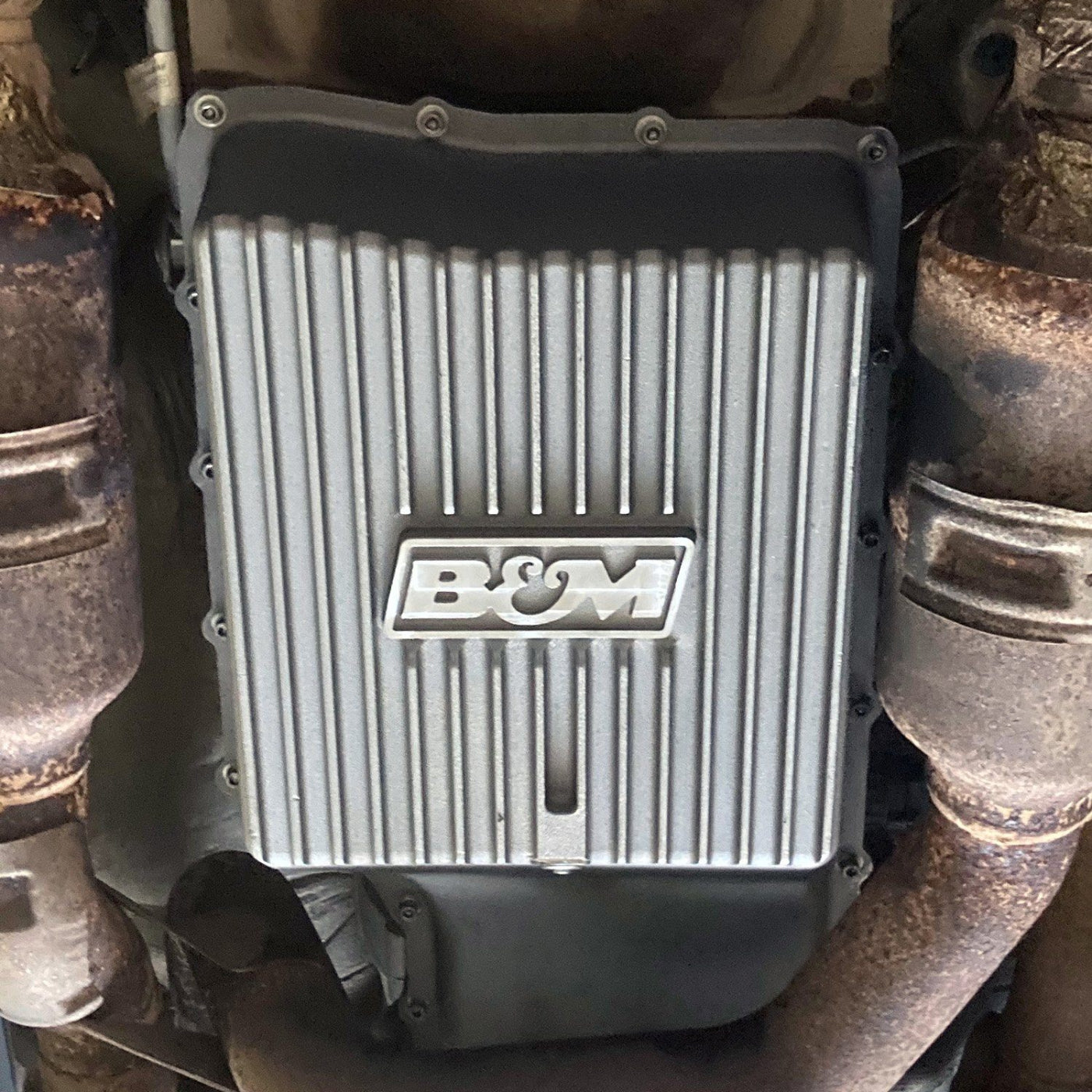 '11-21 Ford F250/F350 B&M HI-TEK Deep Transmission Pan - Natural Drivetrain B&M display on Vehicle