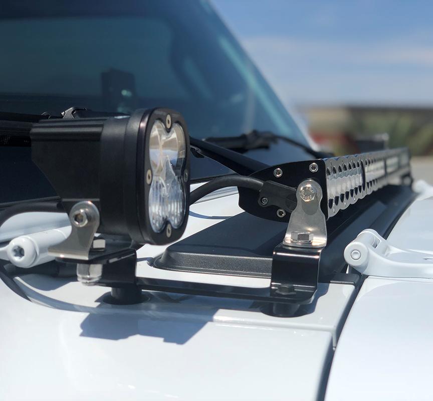 '18-22 Jeep JL Squadron Series & 40" S8 Cowl Mounting Kit Lighting Baja Designs close-up Display on Vehicle (Side View)
