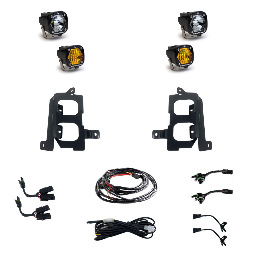 '20-22 Chevy/GMC 2500/3500 Baja Designs Dual S1 Fog Light Pocket Kit Display of included Parts