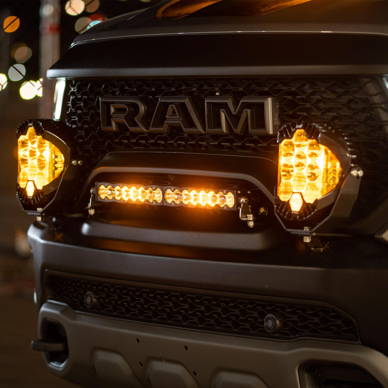 '21-22 Ram TRX 1500 Baja Designs 20" S8 LED Light Bar Grille Kit Close-up display on Vehicle (In Use)