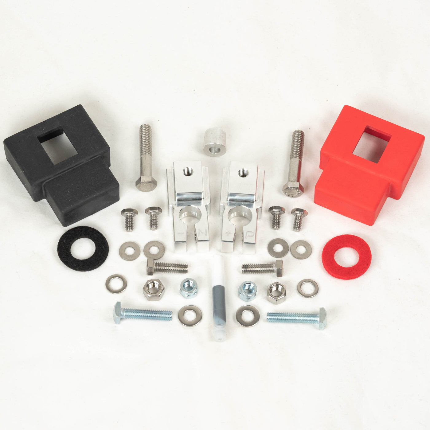 '17-19 Ford F250/350 SDHQ Built Billet Single Battery Terminal Kit display of included parts and hardware