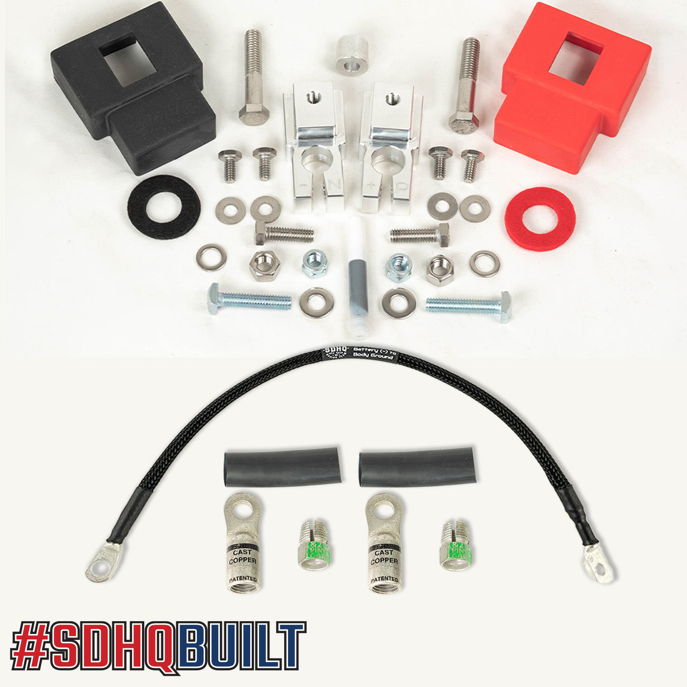 '17-19 Ford F250/350 SDHQ Built Billet Single Battery Terminal Kit display of included parts and hardware