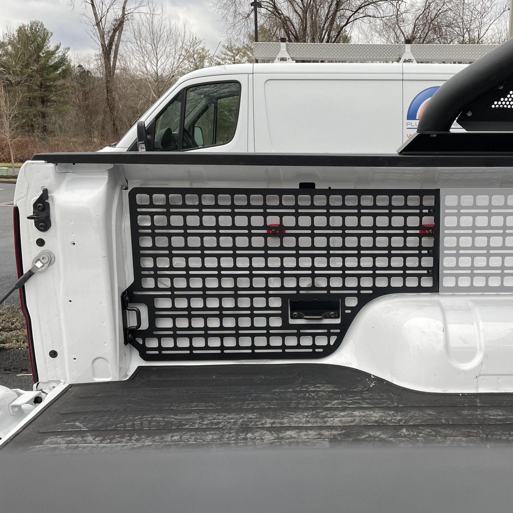 '19-23 Ford Ranger BuiltRight Bedside Rack System Driver's Rear Panel Display in Vehicle