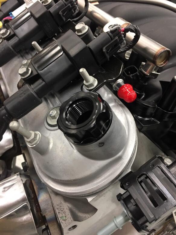 Earl's Oil Fill Cap w/ PVC Vent Close-up Display on Vehicle