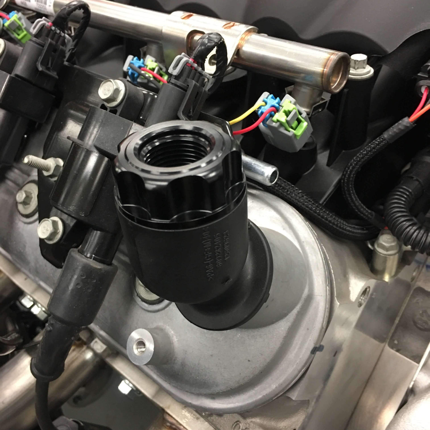 Earl's Oil Fill Cap w/ PVC Vent Close-up Display on Vehicle