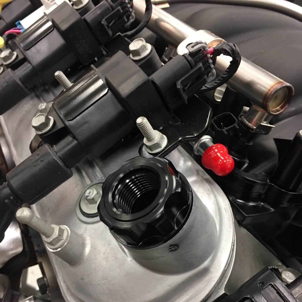 Earl's Oil Fill Cap w/ PVC Vent-LS Engines Close-up Display on Vehicle