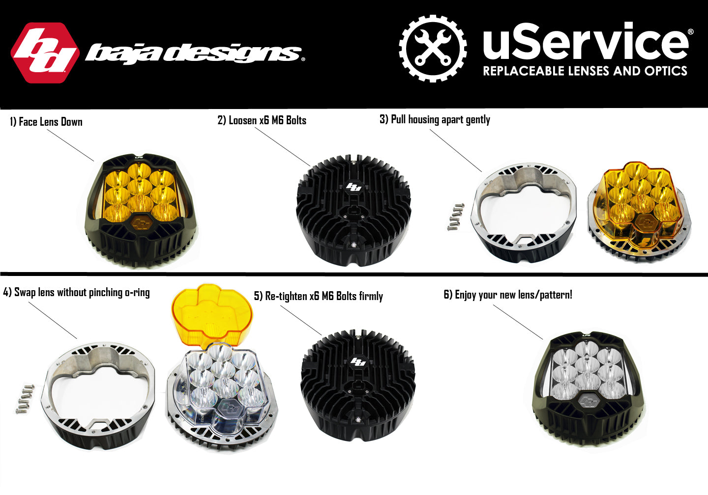 Baja Designs - LP6 Series, Driving/Combo Lens Kit designs Display of Instructions for Switching Lenses